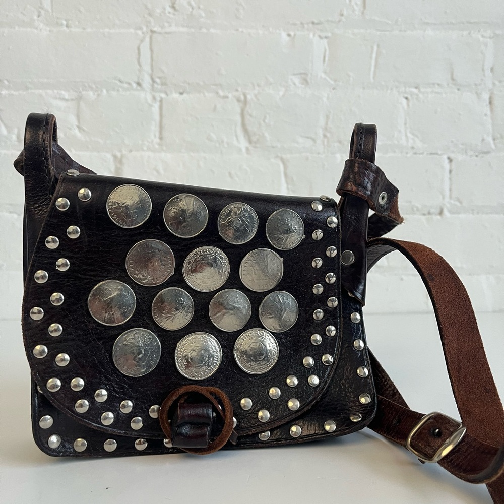Cute Brown Genuine Leather Studded Coin Vintage Crossbody Purse Bag Handmade